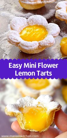 lemon tarts with powdered sugar on top and the words easy mini flower lemon tarts