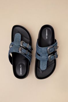 Pair your fave capris with the D'Amelio Footwear Nyra Blue Jean Denim Thong Buckle Flatform Sandals and everyone will be asking where you shop! These iconic sandals have an almond-shaped footbed and a woven, denim-like fabrication that forms a thong-style upper with a strappy design and adjustable, gunmetal grey Western-embossed buckles at the outstep. 1"" lug sole rises to a chunky 2.5"" heel with a smooth contoured insole. 2. 5" rubber heel. Smooth contoured insole. Rubber sole has nonskid mar Wineries Outfit, Flatform Sandals, Almond Shaped, Sandal Heels, Size 11 Heels, Gunmetal Grey, Dress Shoes Womens, Spring Shoes, Rubber Heels