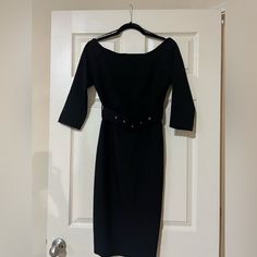 New Dress, Size: Small, Color: Black. 3/4 Long Slightly Off Shoulder Sleeves. Dress Comes With A Belt. Chic 3/4 Sleeve Midi Dress For Evening, Chic Fitted Dress With 3/4 Sleeves, Chic 3/4 Length Evening Dresses, Elegant 3/4 Sleeve Bodycon Dress For Evening, Elegant 3/4 Sleeve Bodycon Evening Dress, Elegant Evening Bodycon Dress With 3/4 Sleeves, Black Midi Dress With 3/4 Sleeves For Office, Black Fitted Half-sleeve Dress, Fitted Black Half Sleeve Dress