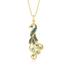 Ross-Simons - .33ct t. w. Multicolored Diamond Peacock Pendant Necklace Over Sterling. 18". Be proud of your unique beauty! Our dazzling peacock pendant necklace will show you how, as it shows off dramatic plumage sparkling with .33 ct. t. w. blue, green, and black diamonds in polished 18kt yellow gold over sterling silver. Blue and black rhodium. Box chain. Springring clasp, multicolored diamond peacock pendant necklace. Our colored diamonds are natural diamonds that have been treated which cau Elegant Peacock Pendant Necklace, Elegant Peacock Color Pendant Necklace, Peacock Jewelry Necklace, Peacock Jewelry, Peacock Pendant, Loop Pendant, Diamond Birthstone, Gold Jewelry Necklace, Fine Jewellery Necklace