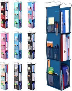 the multi - tiered bookcase has many compartments for files and folders on it