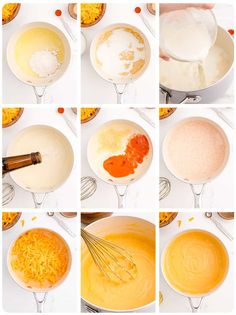 the steps to make an orange sauce in a pot with whisk and cheese