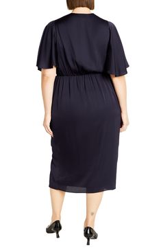 Feel the sophistication of this smooth sateen midi designed with fluttering sleeves and swingy cascading ruffles. 48" length (size Extra Small) Slips on over head Surplice V-neck Elbow-length sleeves Lined 100% polyester Machine wash, line dry Imported Solid Color Flowy Midi Dress With Flutter Sleeves, Elegant Midi Dress With Flutter Sleeves And Ruffle Hem, Flowy Solid Color Midi Dress With Ruffle Sleeves, Flowy Ruffle Sleeve Midi Dress, Chic Flowy Midi Dress With Ruffle Sleeves, Flowy Midi Dress With Ruffle Sleeves, Midi Dress With Ruffle Sleeves For Brunch, Flutter Sleeve Midi Dress For Brunch, Solid Color Midi Dress With Flutter Sleeves For Brunch