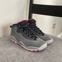 Kids 5.5y Smoke Gray/ Rush Pink Jordan 10 Retro Fits Women’s 6.5-7 Used- Barely Worn (Still Have Box) Sporty Pink Jordan Shoes With Rubber Sole, Sporty Pink Jordan Shoes, Pink Jordan Shoes With Rubber Sole, Gray Jordan Shoes For Light Sports With Round Toe, Gray Round-toe Jordan Shoes For Light Sports, Gray Outdoor Basketball Shoes With Round Toe, Pink Mid-top Jordan Shoes For Sports, Pink Jordan Shoes With Round Toe For Sports, Casual Jordan Shoes With Air Cushioning And Round Toe