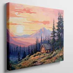 a painting of a cabin in the woods at sunset with mountains and trees behind it