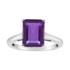 Featuring an emerald-cut amethyst gemstone set atop a polished sterling silver band, this beautiful solitaire ring is simple, yet elegant. Featuring an emerald-cut amethyst gemstone set atop a polished sterling silver band, this beautiful solitaire ring is simple, yet elegant. Width: 0.25 in. Metal: sterling silver Finish: polished Packaging: boxed STONE DETAILS Stone type: amethyst Total weight: 3 1/10 ct. Center stone size: 10 mm x 8 mm Shape: emerald cut Setting: prong Please note, due to the Silver Packaging, Gold Solitaire Ring, School Jewelry, Right Hand Rings, Cleaning Accessories, Sterling Silver Bands, Amethyst Gemstone, Amethyst Ring, Womens Jewelry Rings