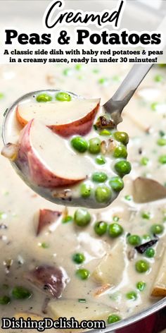 peas and potatoes soup in a pot with spoon