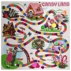 a game board with many different items and people around it, including candy mazes