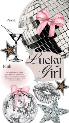 an advertisement for a pink and silver party with disco balls, stars, and glasses