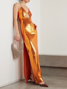 Galvan's 'Kite' maxi dress captures the high-octane glamor of '90s supermodels. Made from satin, it's covered in scores of light-catching sequins and cutout at the bodice to reveal glimpses of skin. When the camera lands on you, turn to show the open back. Orange Outfit, Runway Dresses, Sequin Gown, Gala Dresses, Satin Maxi, Satin Maxi Dress, Orange Dress, Colourful Outfits, Fancy Dresses