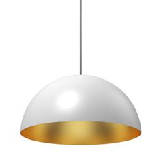 a white and gold pendant light hanging from a metal rod on an isolated background with clipping for text