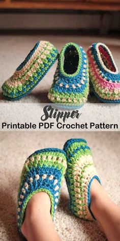 crocheted slippers are shown on the floor and in front of someone's feet