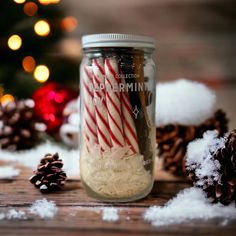 a jar filled with candy canes sitting on top of snow covered ground next to pine cones