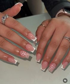 Acrylic Nail Birthday Set, Pink N White French Nails, Cute Pink French Tips, Pink French Tips With Design, French Tip Nails With Butterflies, Acrylic Nail Designs Birthday, French Nails Design 2024, Pink Nails With White French Tip, Gel X Nails French Tip