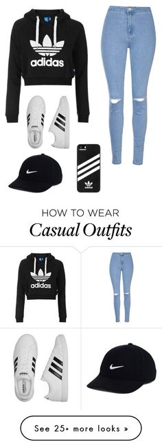 Casual by amakinney on Polyvore featuring Topshop, Glamorous, adidas and NIKE ADIDAS Women's Shoes - http://amzn.to/2jVJl2y Nike Slippers Women, Outfits With Adidas, Nike Slippers, Summer Fashion For Teens, Stil Boho, Adidas Shoes Women, Adidas Fashion, Cooler Look, Slippers Women