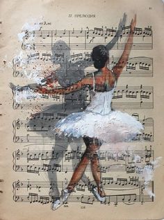 an altered photograph of two ballerinas on sheet music