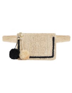 a white and black purse with a pom - pom on the front pocket