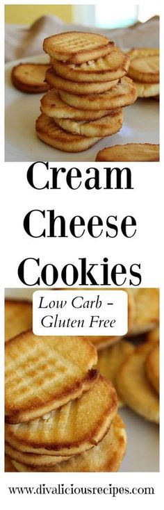 cream cheese cookies stacked on top of each other with the words low carb, gluten free