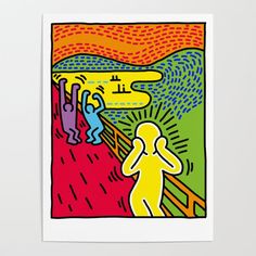 a poster with people walking down a red, yellow and green path in front of mountains