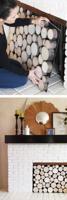 two pictures of a woman sitting on the floor next to a fire place with logs in it