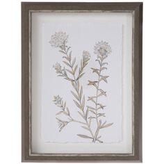 a painting with some flowers in it on a white background and brown trim around the frame