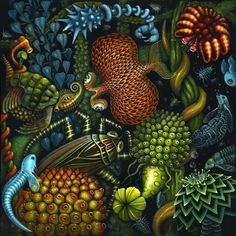 an artistic painting with many different animals and plants