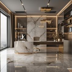 an office with marble flooring and gold accents on the walls, along with open shelving