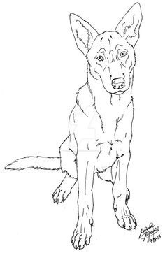 a black and white drawing of a dog sitting on the ground, looking at the camera