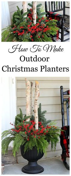 christmas planters on the front porch with text overlay