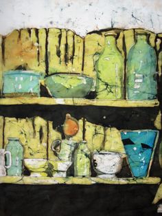 a painting of blue and green vases on shelves