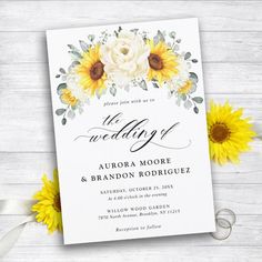 Sunflower Ivory Peony Floral  Eucalyptus Wedding   Invitation Wildflower Themed Wedding, Sunflower Wedding Invitation Template, Sunflower Wedding Decorations, Gypsophila Bouquet, Yellow Wedding Theme, Sunflower Themed Wedding, Eucalyptus Bouquet