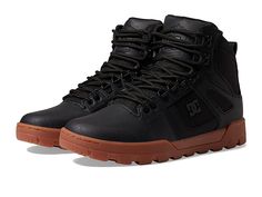 DC Pure High-Top WR Boot - Men's Lace-up Boots : Black/Gum 2 : The perfect after snowboard sesh shoe is here with the rugged vibes of the DC Pure High-Top WR boot! High-top silhouette. Uppers of leather and nubuck with a water-repellent finish. Mix of D-rings and classic boot speed lacing hardware. Gusseted tongue construction for added warmth and weather resistance. Heavy-duty rubber outsole with rugged tread for long-lasting wear. Imported. Measurements: Weight: 1 lb 4 oz Product measurements Rugged High-top Moto Boots For Streetwear, Rugged High-top Lace-up Boots For Streetwear, Insulated Lace-up Waterproof Boots For Streetwear, High-top Moto Boots With Rubber Sole For Outdoor, Winter Adventure High-top Moto Boots, Rugged High-top Moto Boots For Hiking, High-top Boots With Studded Rubber Outsoles For Outdoor, High-top Boots With Studded Rubber Outsoles For Outdoor Activities, Leather Hiking Boots With Studded Rubber Outsoles