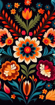 a painting of flowers and leaves on a black background with red, orange, blue, green