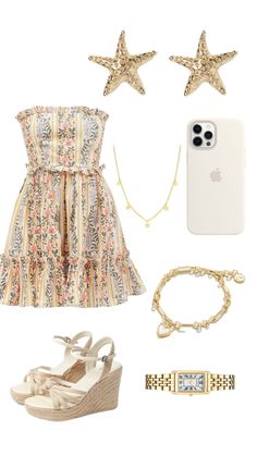 a dress, shoes and accessories are arranged on a white background with an iphone in the foreground