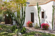 a white house with cactus and flowers in the front yard