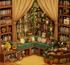 a living room filled with lots of books and furniture