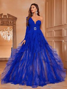 Royal Blue  Collar Long Sleeve Mesh Fabric Plain A Line Embellished Medium Stretch  Weddings & Events Ball Frock, Blue Frock, Mesh Overlay Dress, Colorful Dresses Formal, Tulle Evening Dress, Perfect Blouse, Womens Prom Dresses, Overlay Dress, Mesh Overlay