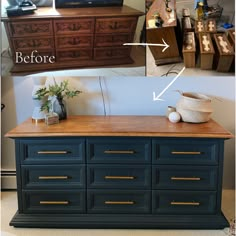 an old dresser has been transformed into a tv stand with new paint and gold hardware