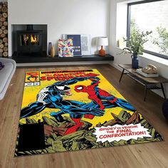 a living room filled with furniture and a spider man rug