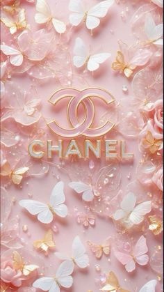 the chanel logo is surrounded by pink butterflies and gold glitters on a pink background