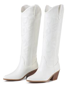 PRICES MAY VARY. Stylish and Comfortable: These pull-on, wide-leg cowboy boots feature faux leather, a rubber sole, a chunky mid-heel, a rubber insole, and a fully lined breathable mesh for long-lasting comfort and easy on and off. Classic Design: With a beautifully embroidered pattern, an almond-shaped toe, and an appropriate heel height (2.56 inches), this perfect white boot allows you to add extra height without any discomfort. It makes your matching dresses, shorts, and skirts more elegant. Knee High Cowgirl Boots, High Cowgirl Boots, Knee High Cowboy Boots, White Cowgirl Boots, Women's Cowboy Boots, Cowboy Boots For Women, White Cowboy Boots, Cowboy Shoes, Hallowen Costume