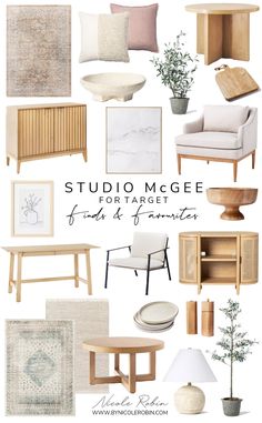 the studio magee for target furniture is shown in white and beiges, including chairs,