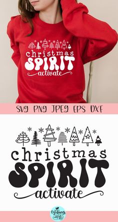 a woman wearing a red christmas sweatshirt with the words christmas spirit on it and an image of