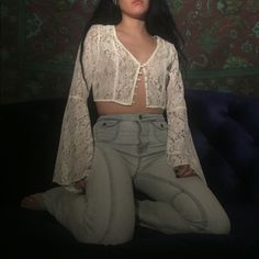 Lovely White Lace Top, Buttons Down The Front And Sleeves Flare Dramatically Sheer Design, Perfect For Beachwear Or Evening Wear On Top Of Bell Bottoms And Platform Shoes Beautiful Condition, Barely Worn. Blue Jeans In The Photos Are Also For Sale! #Coverup #Beachattire #Laceblouse #Whitelace #Boho #Witchy #Stevienicks #Croppedtop #Bellsleeves Fitted Bohemian Top With Button Closure, Cropped Blouse For Festivals, Cropped Blouse For Festival, Fitted Bohemian Blouse With Button Closure, Cropped Button Down, Beach Attire, Verge Girl, White Lace Top, Lace Blouse