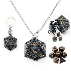 three different types of dice on a chain