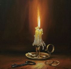 a painting of a lit candle on a table with scissors and other items around it