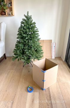 a small christmas tree in a cardboard box