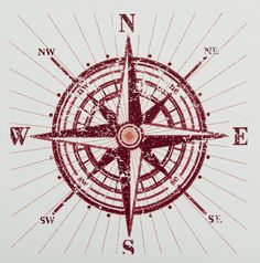 a compass is shown in red on a white background with the words w s n e