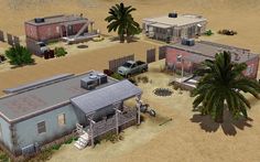 an image of a small town in the middle of the desert with houses and palm trees