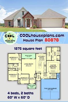 two story house plan with 3 beds and 2 baths